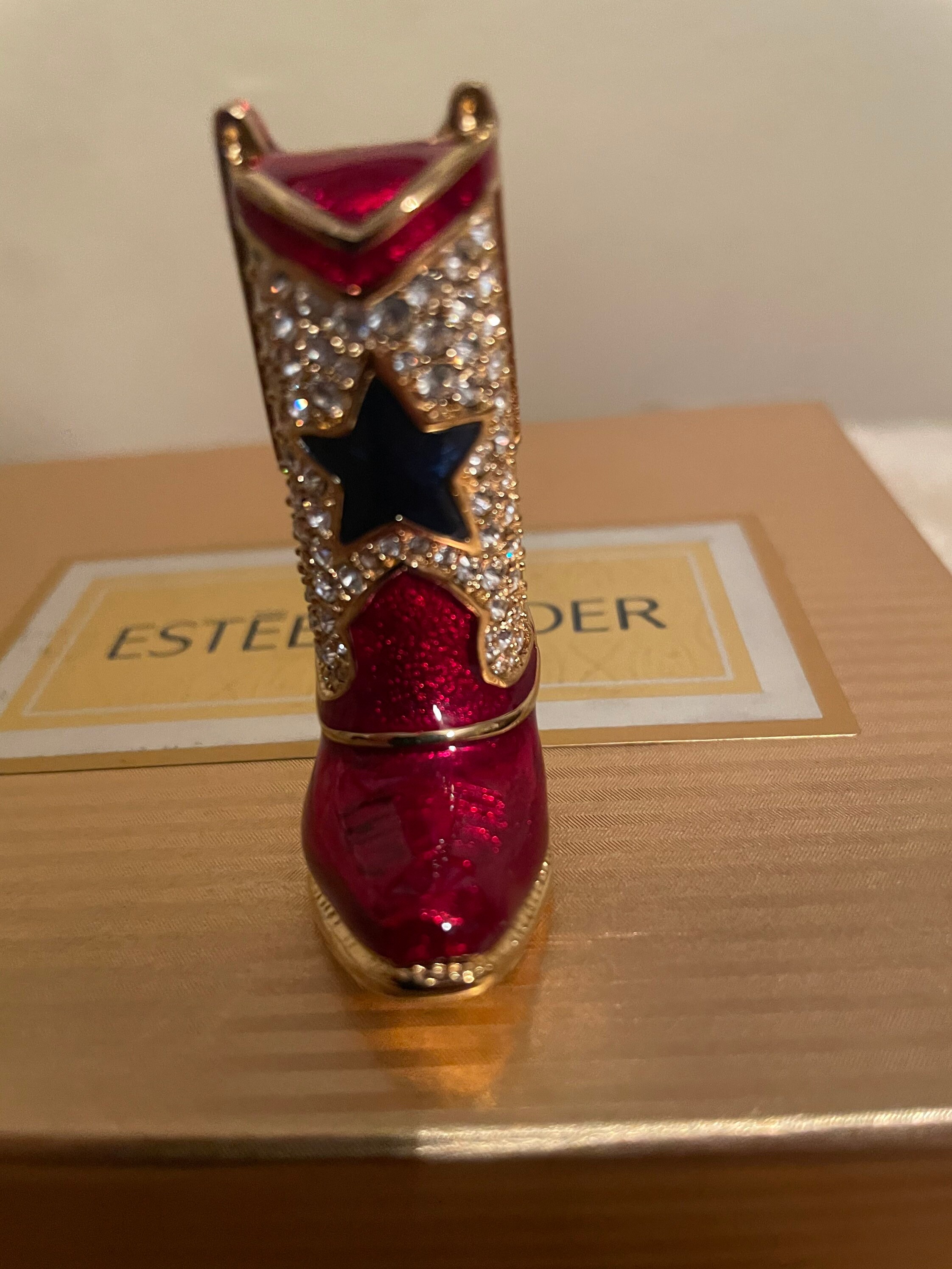 Estee Lauder Western Boot Solid Perfume Diamond Stones Gold Plated Gold/ Red New with Box