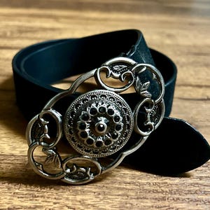 Vintage • Leather • Small • Black Belt • Silver Buckle W/Black Rhinestones