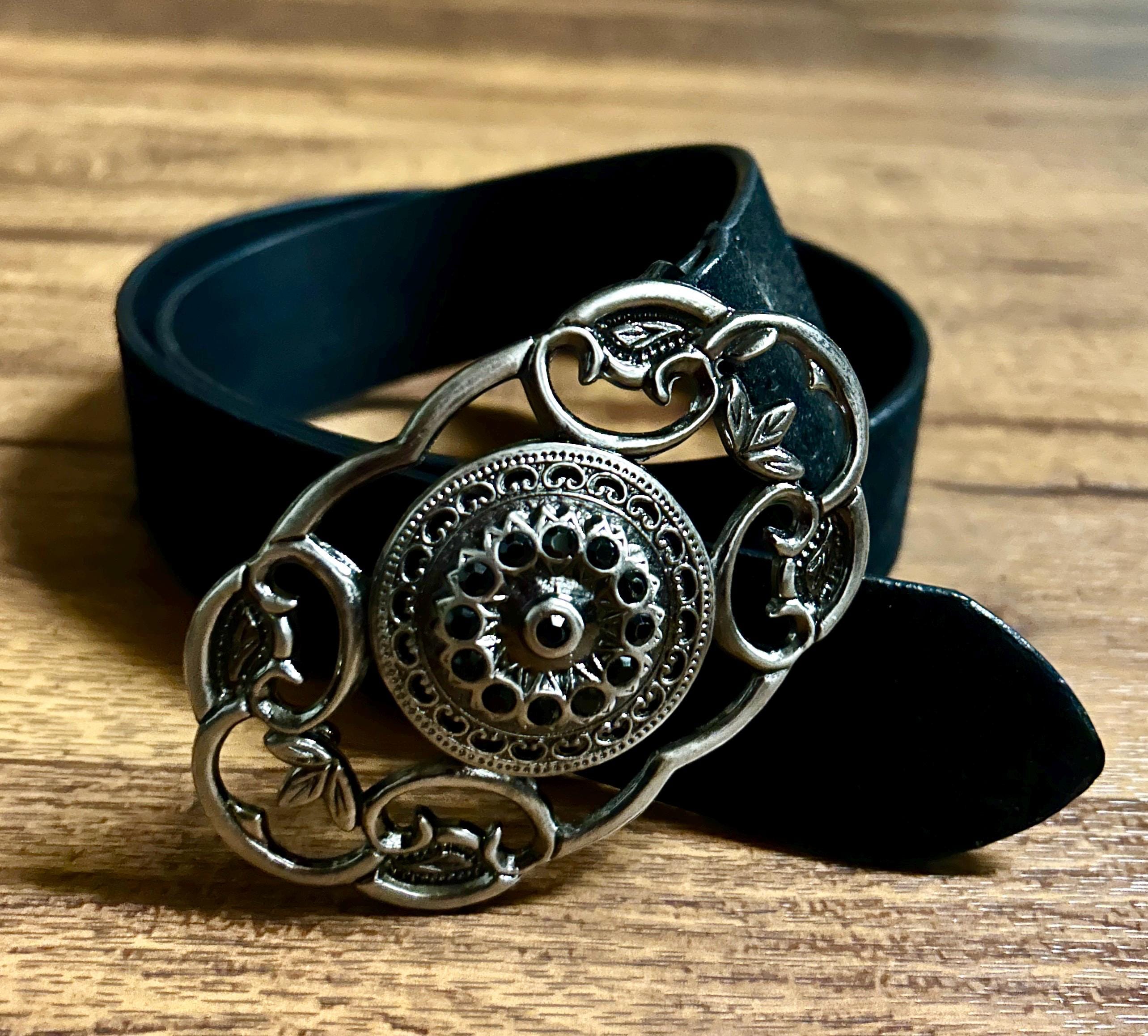 Womens Black Leather Belt With Fancy Silver Buckle - Etsy display picture 3