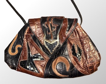 Sharif ~ Vintage (Retro) ~ Made in USA ~  Brown/Black/Gold ~ Patchwork W/Snake Embossed ~  Crossbody/Shoulder Bag ~  W/ Wallet