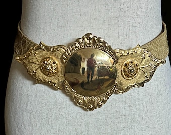Alexis Kirk ~ Vintage (1980’s) ~ Italy Etruscan Gold Gilt Metal Ornate Buckle Belt