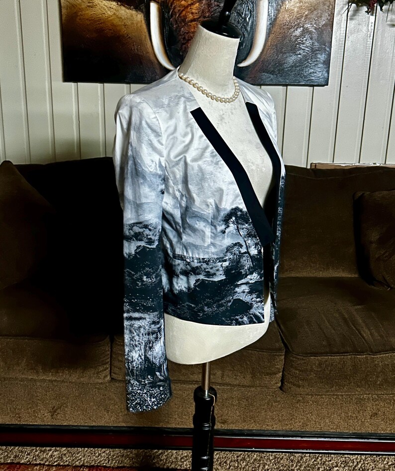 May include: A white and gray landscape print blazer with black lapels. The blazer is displayed on a mannequin. The landscape design features trees and a waterfall. The blazer has long sleeves.