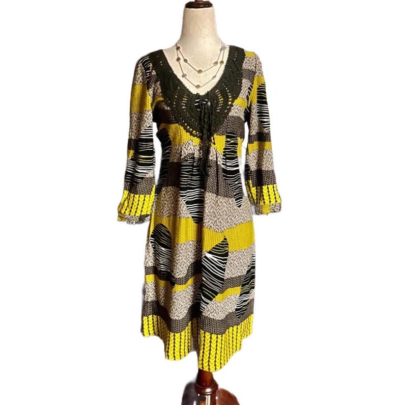Aryeh Anthropologie “Curry” ~ Size Large ~ Abstract Design ~ Yellow/Brown~ Boho Tunic Dress ~ New W/Tags bild 1