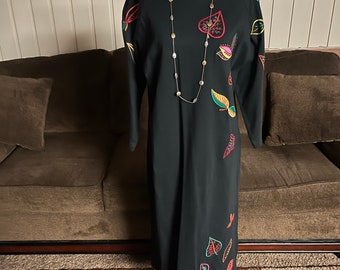 Michael Simon • Vintage • 1980’s •  Large • Black • Boho • Dress • Fall Leaves • Embroidery • New W/Tags