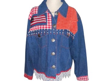Don’t Mess With Texas ~ Women’s X-Large ~ Blue/ Red/ White ~ American Flag ~  Beaded & Lace ~ Denim Jacket