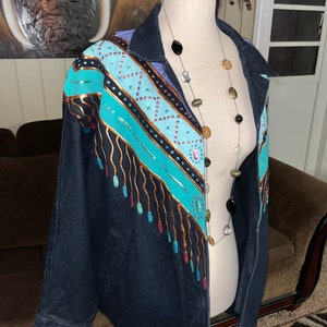 Sundance Denim Wear • Vintage • Small • Black/ Blue • Aztec Style • Handpainted • Jacket