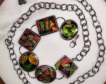 Chicos ~ Medium/ Large ~Multi-Colors Dichroic Art Glass W/ Silver-Tone Boho Chain Belt