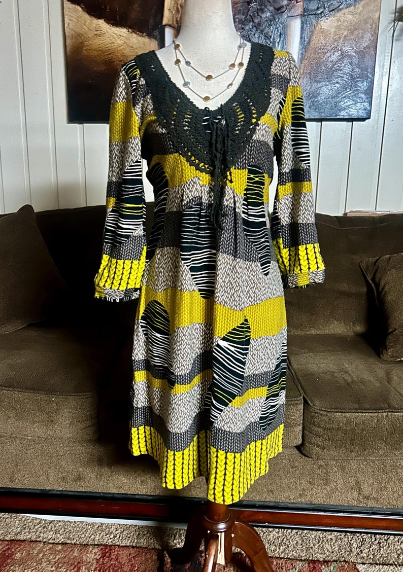 Aryeh Anthropologie “Curry” ~ Size Large ~ Abstract Design ~ Yellow/Brown~ Boho Tunic Dress ~ New W/Tags bild 5