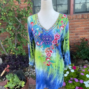 Calesas • Size Small • Blue/Green • Floral • Embroidery • Tunic Dress