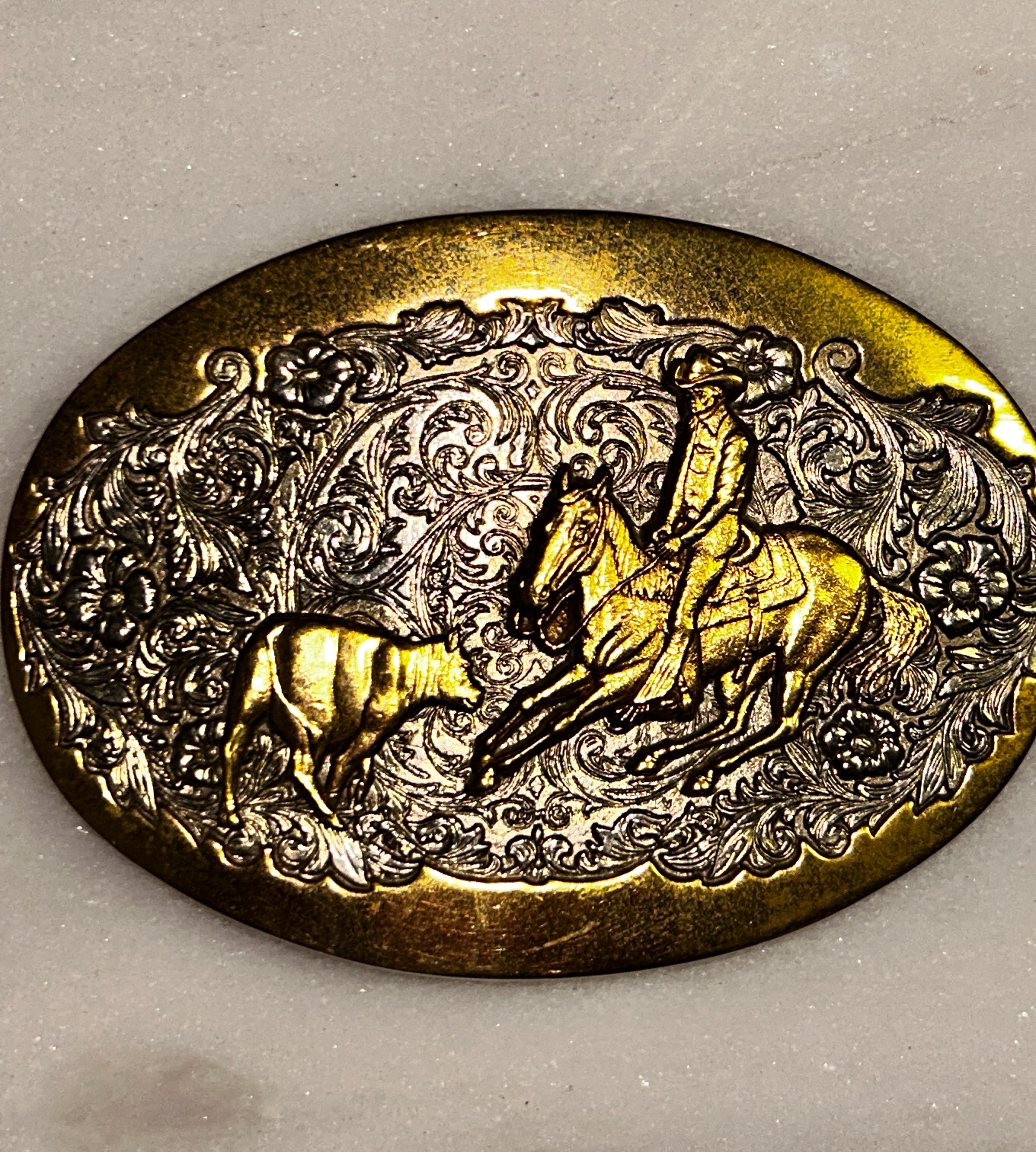 Award Design ~ Western/Cowboy/Bull ~ Gold & Silver Metal Tone ~ 24GP Belt Buckle Western Cowboy 3D Relief Gold & Silver Two-Tone Belt Buckle main image 2