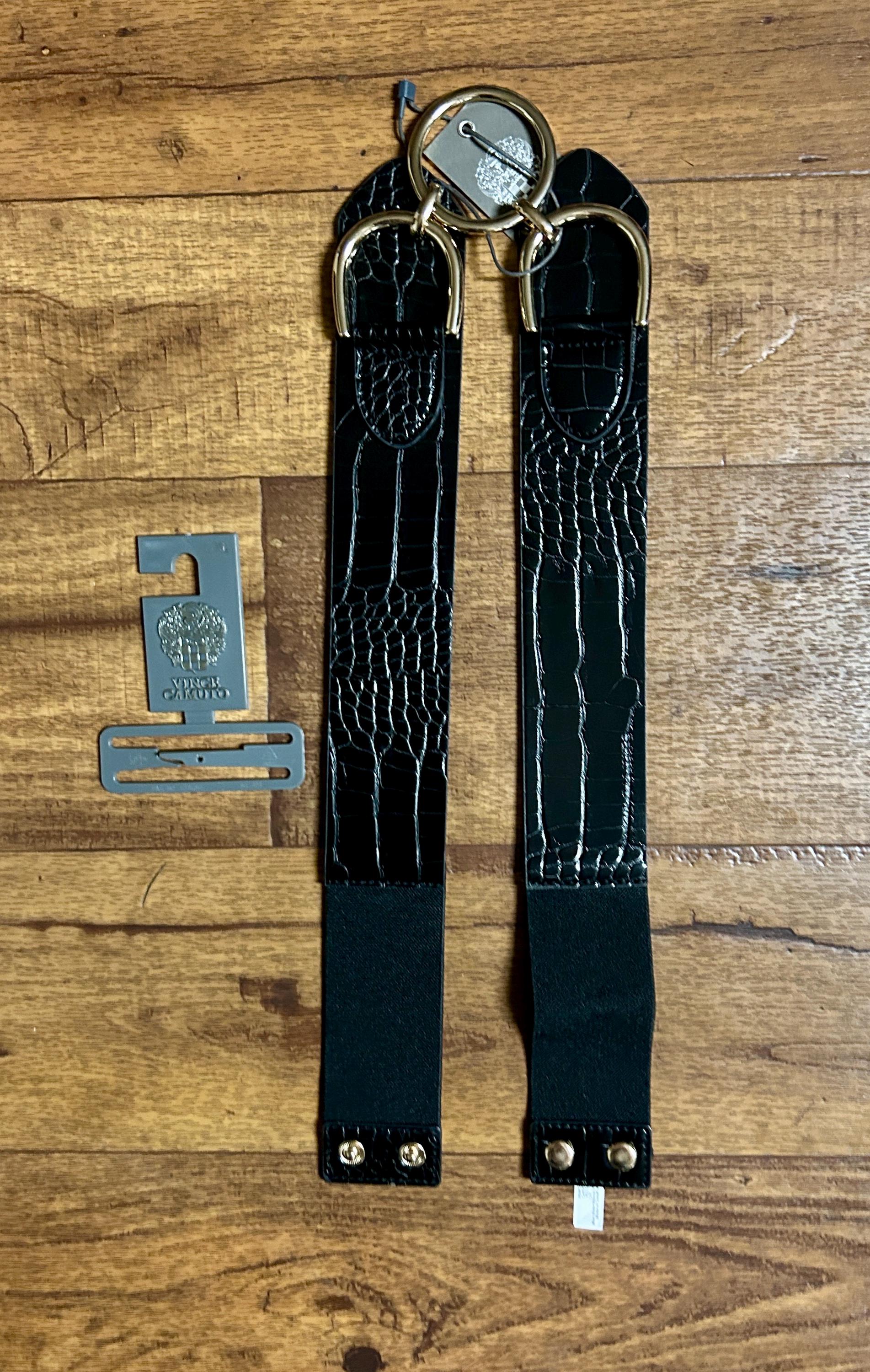 New Vince Camuto Black Croc-Textured Elastic Waist Belt with Gold Ring SizeM/L Vince Camuto • L/x-large • Croc Embossed • Black Leather  main image 2