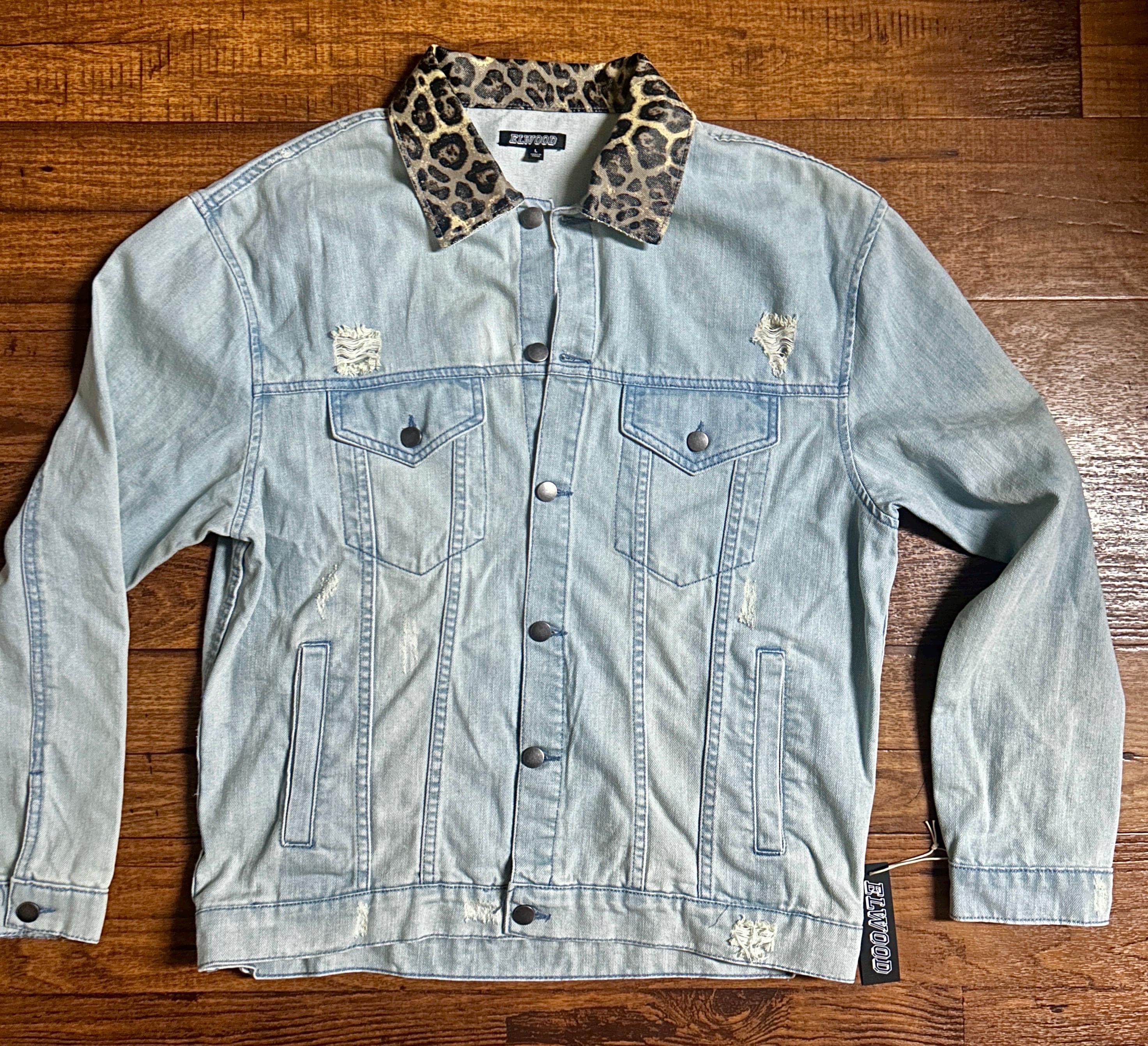 Elwood ~ Women's Large ~ Blue Denim Jean Distressed W/Leopard Print Collar Jacket ~ New W/ Tags