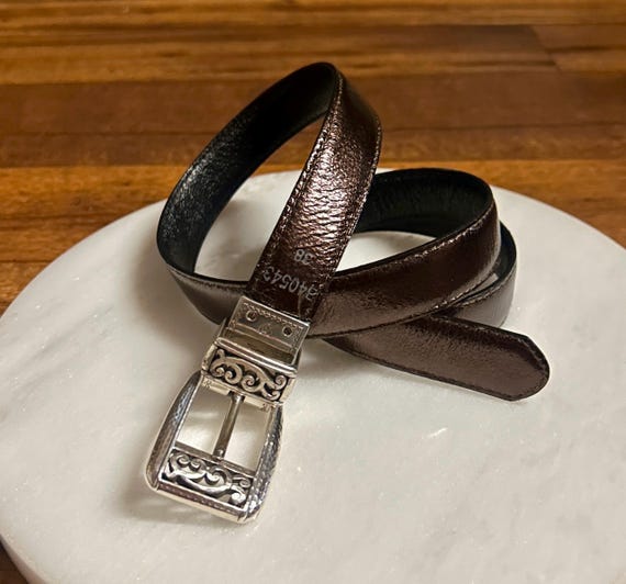 Brighton Womens Reversible Silver Black Brown Leather Belt size Medium Vintage Brighton Reversible Leather Belt, Brown Belt, Black  main image 2