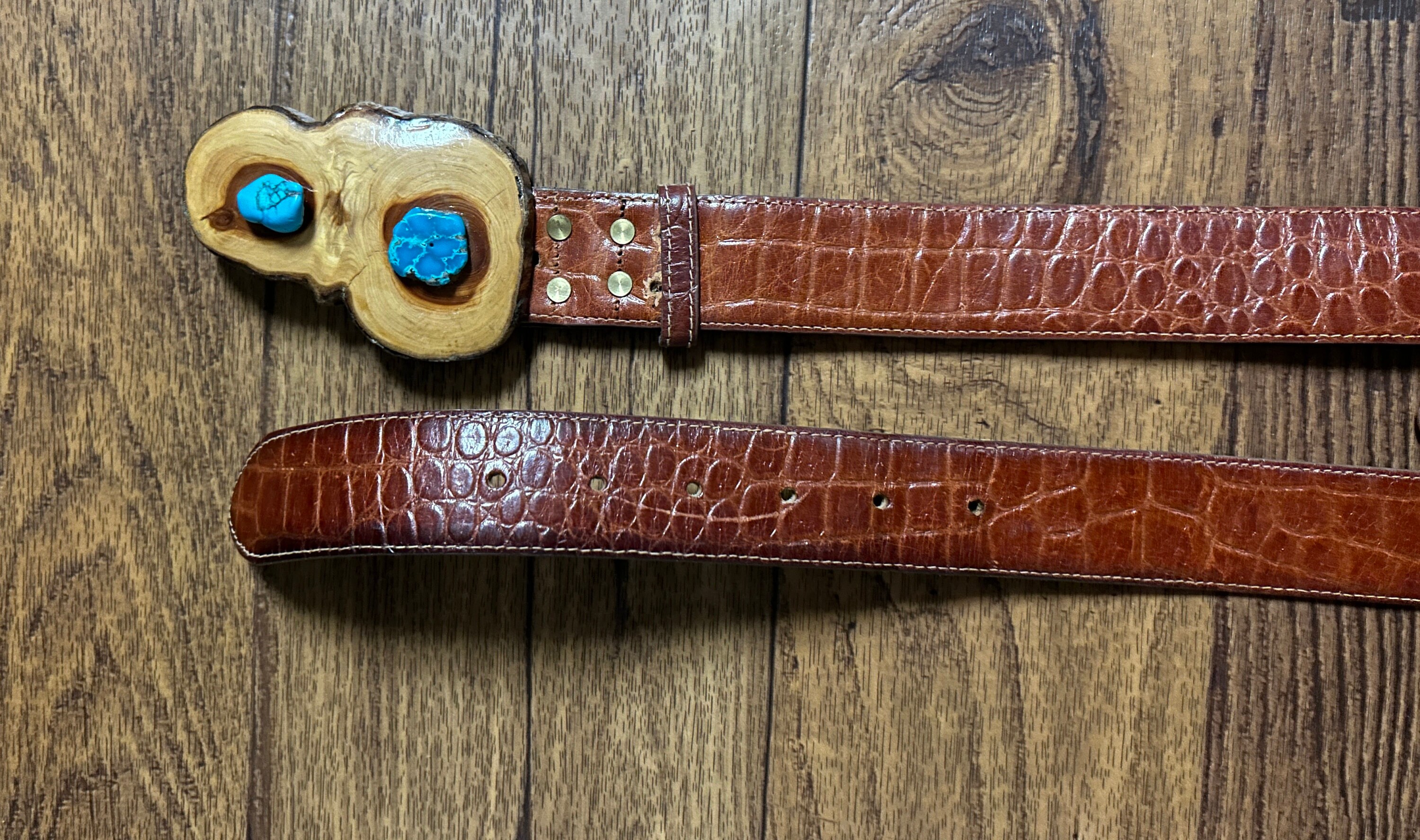 Talbots • Alligator Calf • Large • Wooden Buckle • Turquoise Stones • Brown Belt Talbots • Alligator Calf • Large • Handmade Wooden Buckle  main image 2