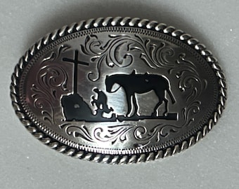 Nocona ~Youth ~ Weather Cowboy Praying at the Cross W/ Horse ~ Silver & Black Belt Buckle