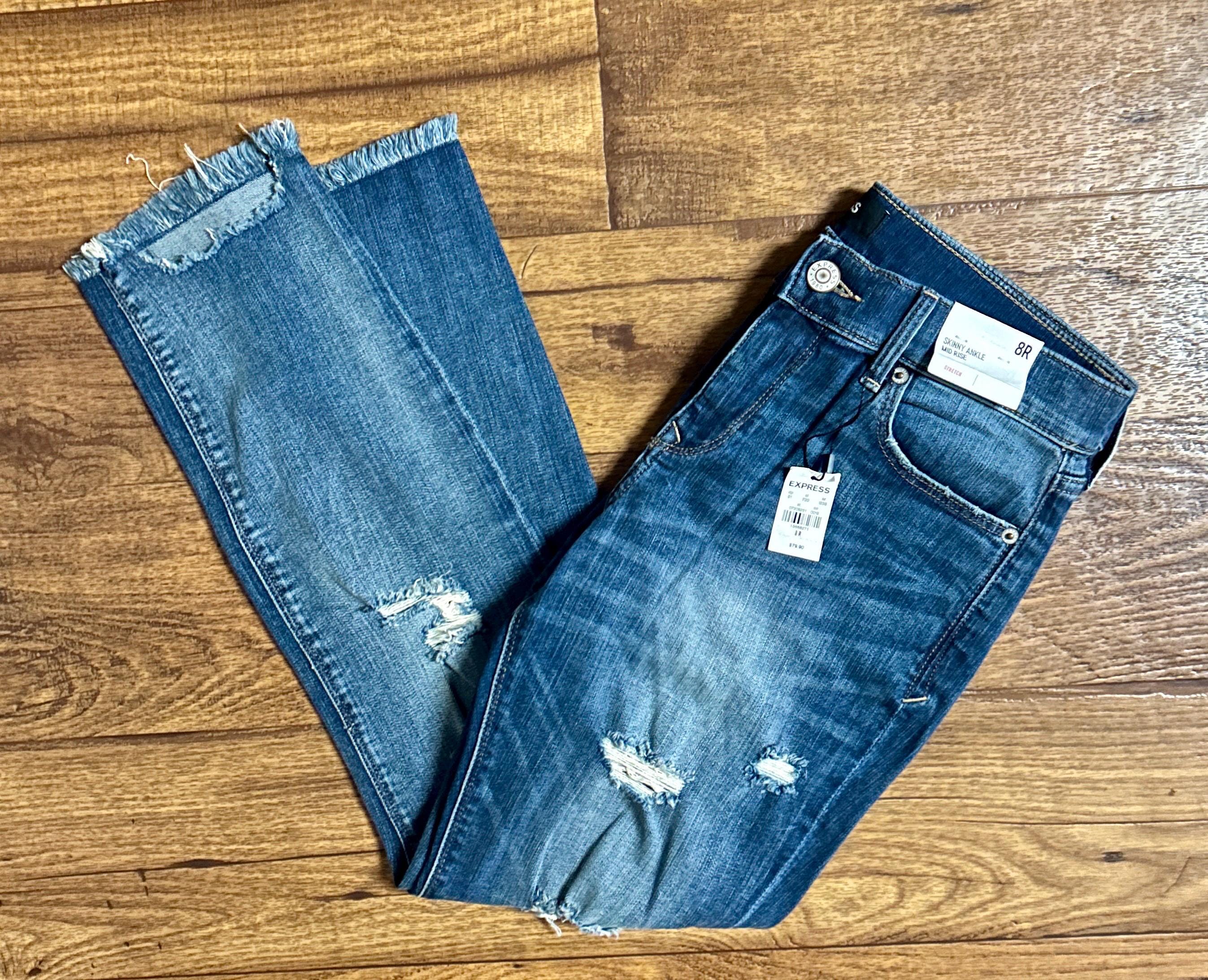 Express ~ Size 8 Regular (32/28) ~ Stretch Skinny Ankle Distressed Denim Blue Jeans ~ New W/ Tags