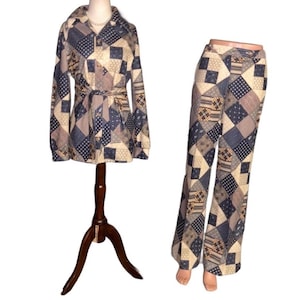 Henri ~ Vintage (1970’s) ~ Women’s Size 11 ~ Blue/Beige/Gold ~ Patchwork ~ Hippy ~ Bell Bottoms ~ 2 Piece ~ (Pants/Jacket Set) in