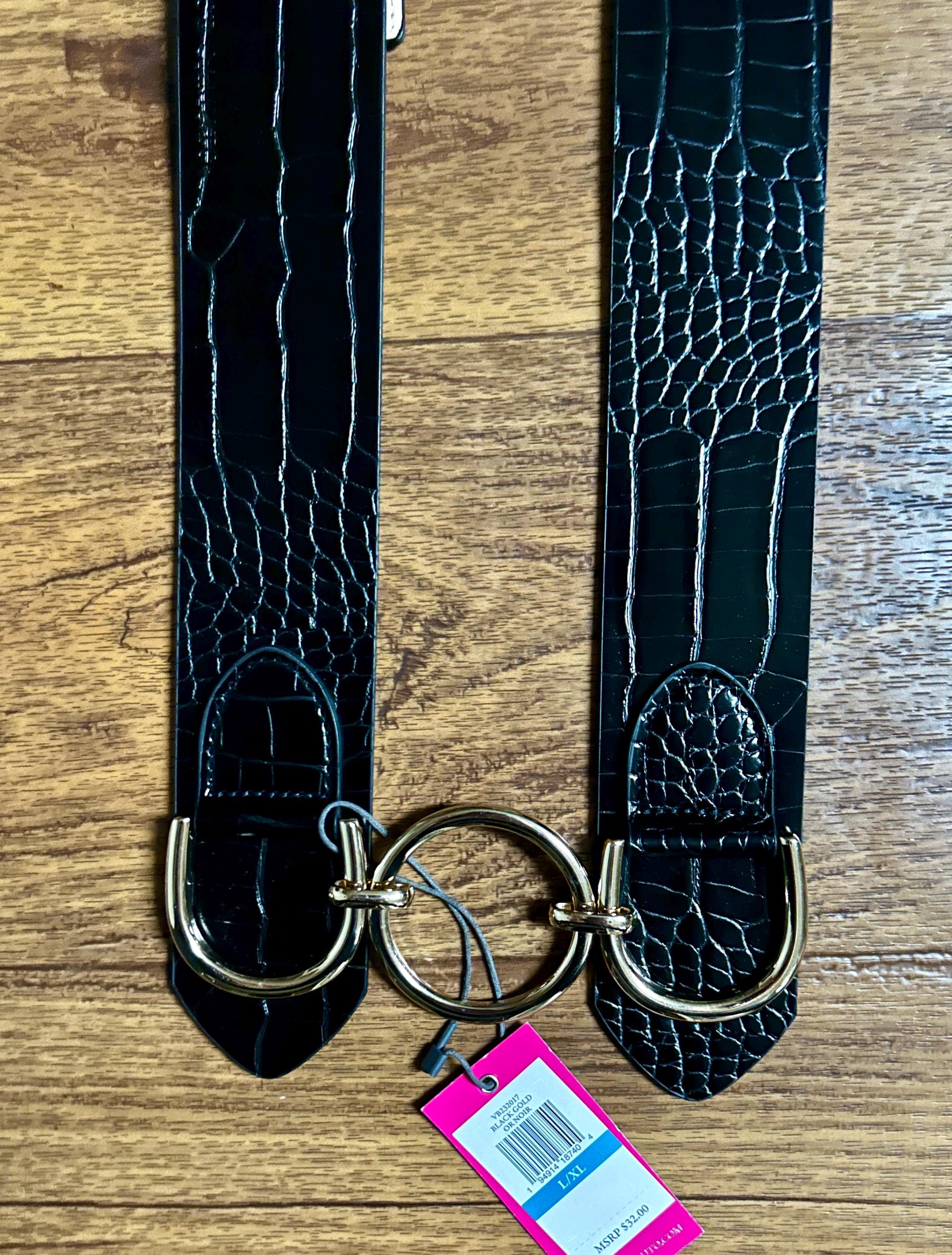 New Vince Camuto Black Croc-Textured Elastic Waist Belt with Gold Ring SizeM/L Vince Camuto • L/x-large • Croc Embossed • Black Leather  main image 3