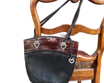 Brighton ~ Black/Brown ~ Leather ~ Shoulder Handbag Purse W/ Heart Metal Silver Tone Conchos