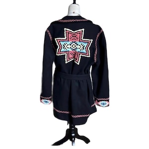 Double D Ranch ~ Women’s Medium ~ Black W/Multi-Colors Embroidery ~ Aztec & Star Design ~ Wool Coat