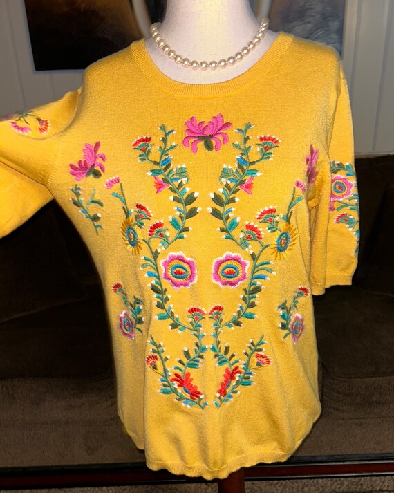 Chelsea Theodore Medium Yellow Multi colors Embroidery Short Sleeve Sweater Etsy