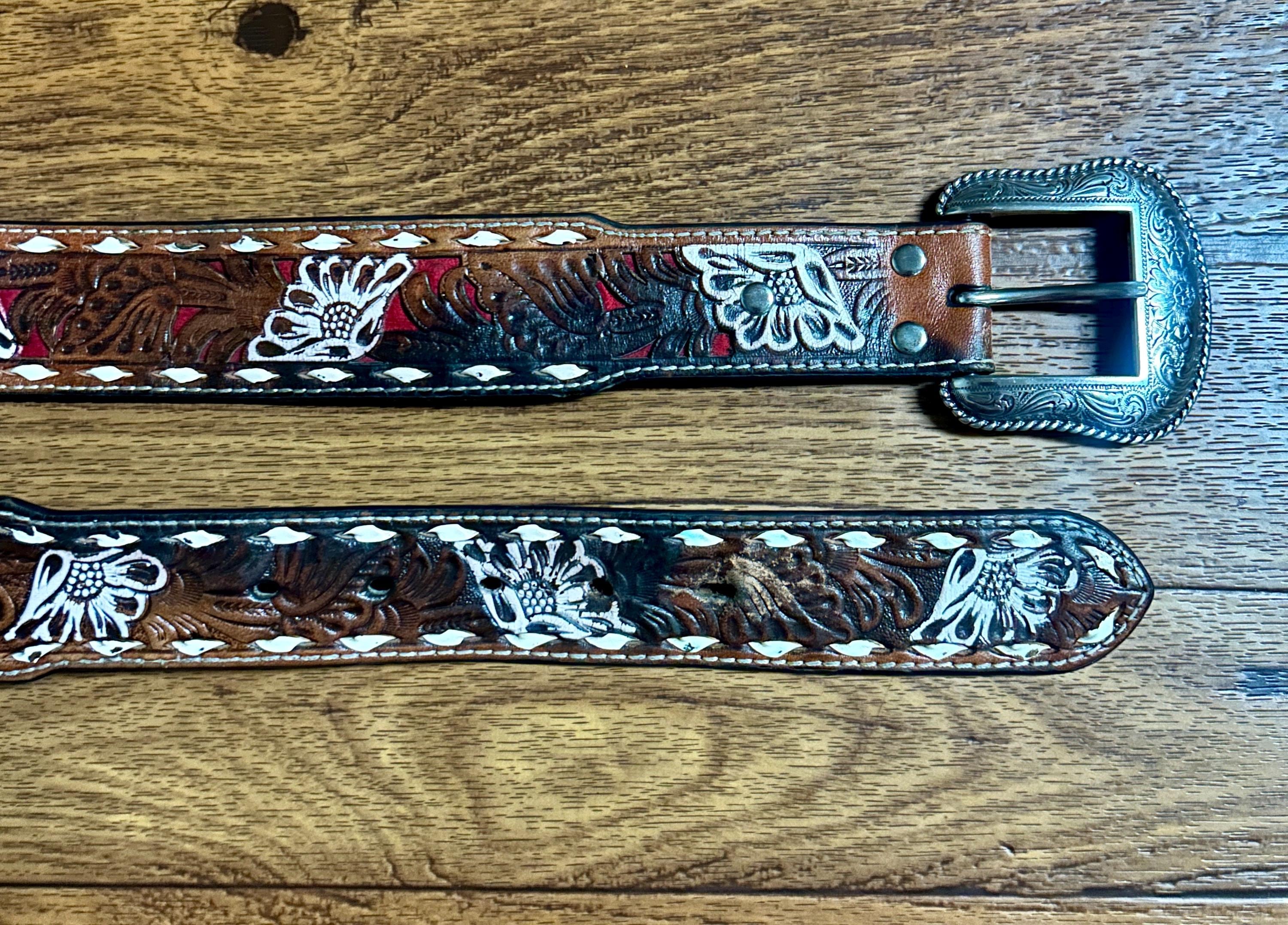 Birds & Hearts Leather NOCONA No Buckle Belt 34” Small Medium Boho Embroidered Nocona Men main image 2