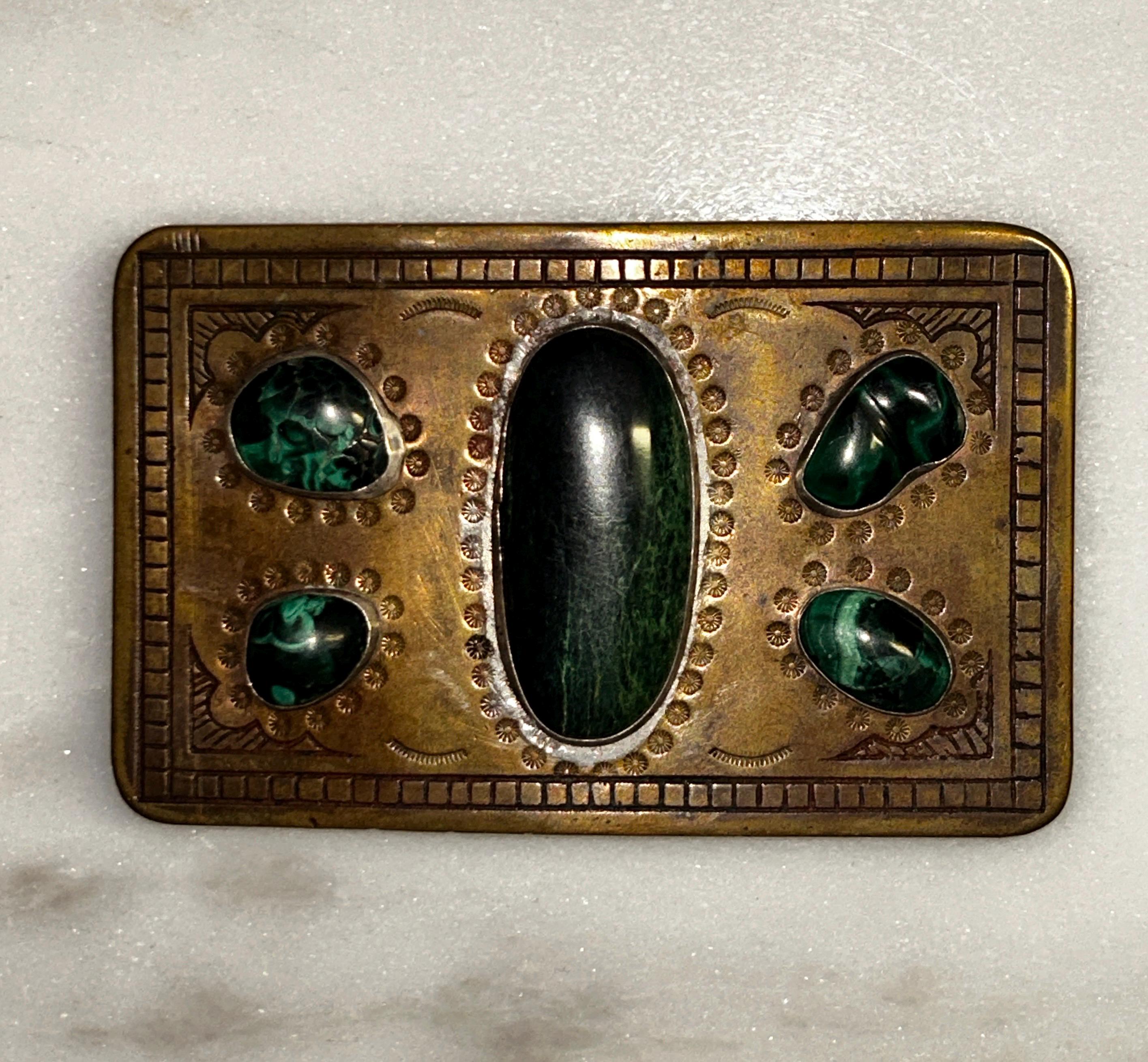 Vintage Gold and Black Western Ornate Belt Buckle With Malachite Center Unisex Embossed Southwestern Picture Jasper Stone Belt  main image 4