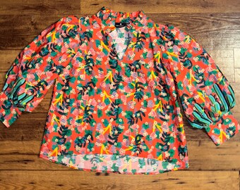 Emily Lovelock ~ Women’s Large - Bright Pink W/ Multicolors Floral & Cactus ~ Boho Pullover Blouse W/ Puffed Sleeves