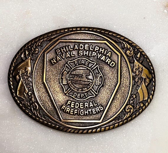 Creative Casting ~ 1990 ~ Federal Firefighters Philadelphia Naval Bronze Brass Belt Buckle