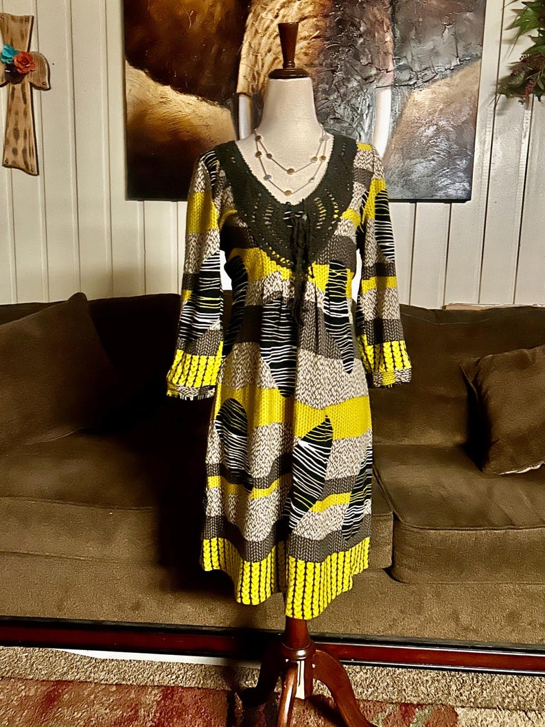 Aryeh Anthropologie “Curry” ~ Size Large ~ Abstract Design ~ Yellow/Brown~ Boho Tunic Dress ~ New W/Tags bild 4
