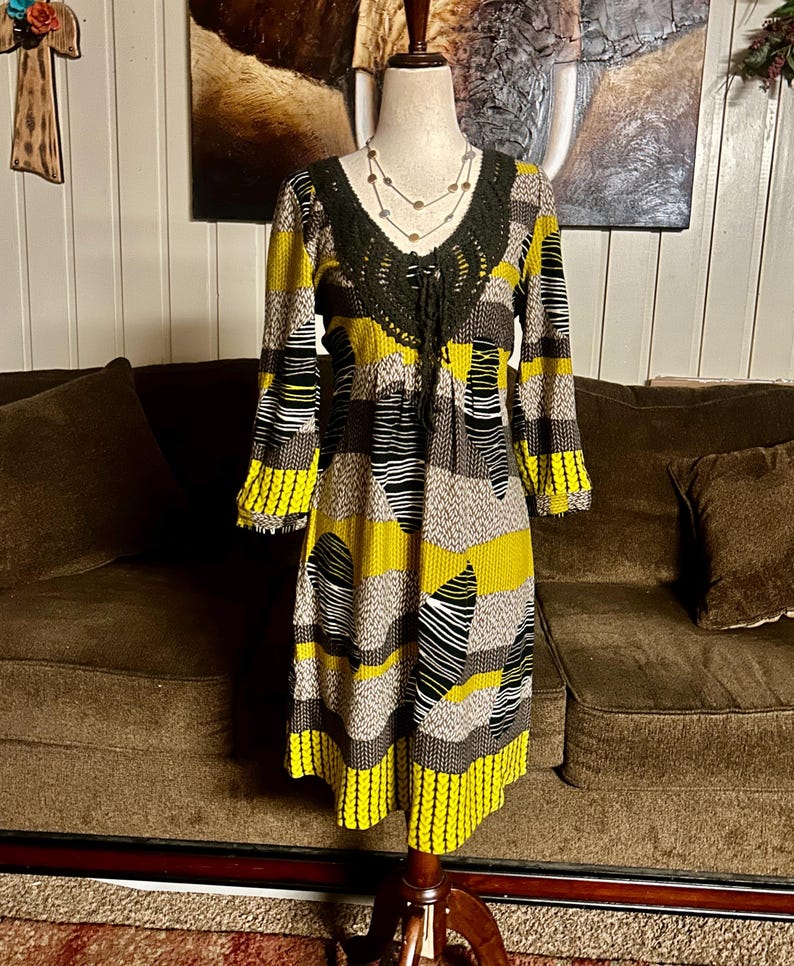 Aryeh Anthropologie “Curry” ~ Size Large ~ Abstract Design ~ Yellow/Brown~ Boho Tunic Dress ~ New W/Tags bild 2