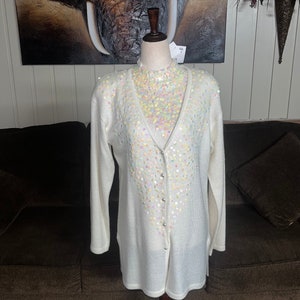 Joan Leslie • White • Sequins • Iridescent • Sweater & Cardigan  Set • Size Medium • New W/ Tags