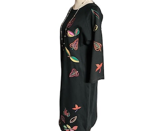 Michael Simon ~ Vintage (1980’s) ~ Women’s Large ~ Black ~ W/ Fall Color Leaves Embroider ~ Boho Maxi Dress ~  New W/Tags