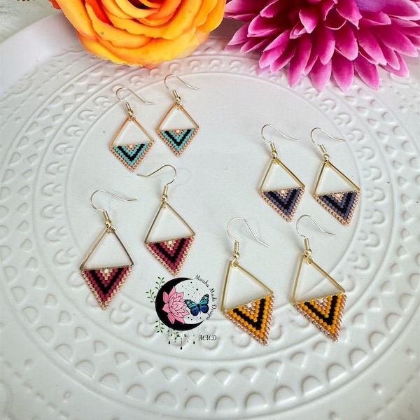 Triangle Earrings, beaded earrings, small earrings, dangle earrings, cute earrings, colourful earrings, handmade earrings, unique earrings,