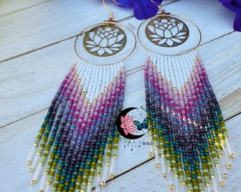 Beaded Chandelier Earrings: Gold Hoop, Lotus Discs, Boho Fringe