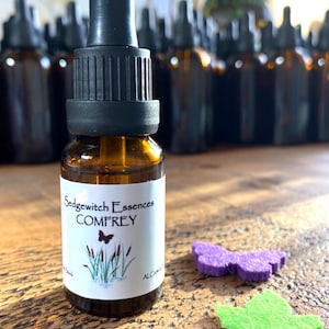 May include: An amber glass dropper bottle with a black cap and a white label reading Sedgewitch Essences COMFREY, featuring a butterfly and reed illustration. Beside the bottle are a small purple felt butterfly, a green felt leaf, and a metal key.