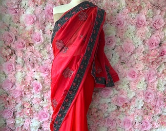 Indian Pakistani Chiffon Sari Saree Red or Green colour options wedding party wear Brand new ethnic wear sari