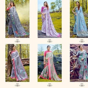 Satin silk designer saree with digital print and blouse piece Indian Pakistani Bangladeshi party wear Saree