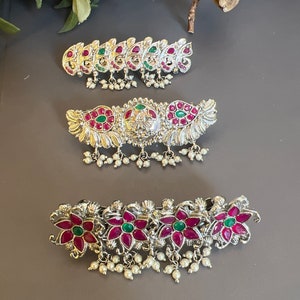 Hair clip / Bollywood Style Ethnic / South Indian Look Silver colour mina kari Hair Clip with pearl dangles