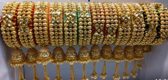 Indian Bangles Set Gold Kundan and Latkan Jhumki Jhumka Bridal Churiya Chura Ethnic Ensemble for Wedding and Parties Etsy Canada