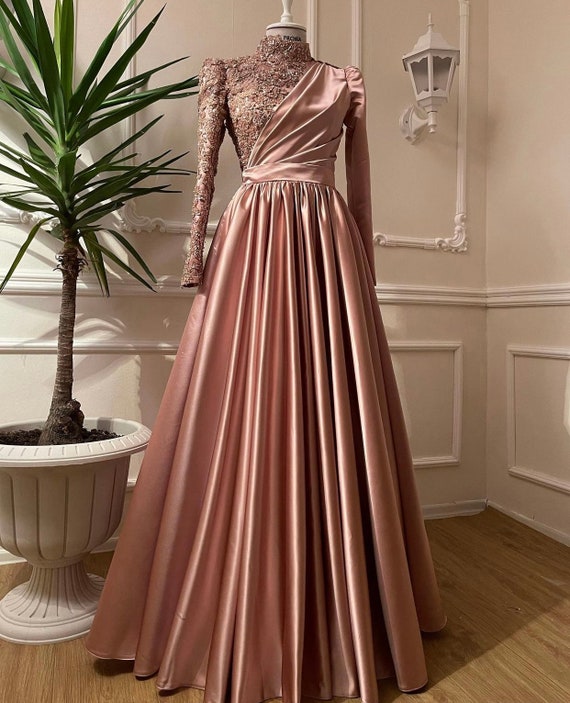 Rose Gold Silver Prom Dress Long Sleeves Dubai Evening Dresses Muslim Women  Wedding Party Gowns Elegant Silver Grey Arabic Nikkah Engagement -   Canada