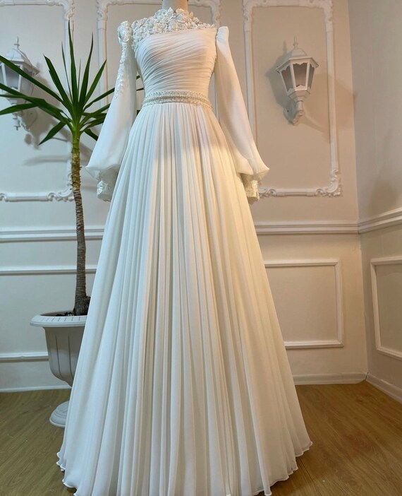 White Wedding Dress Long Modest Muslim Dubai Evening Dresses - Etsy