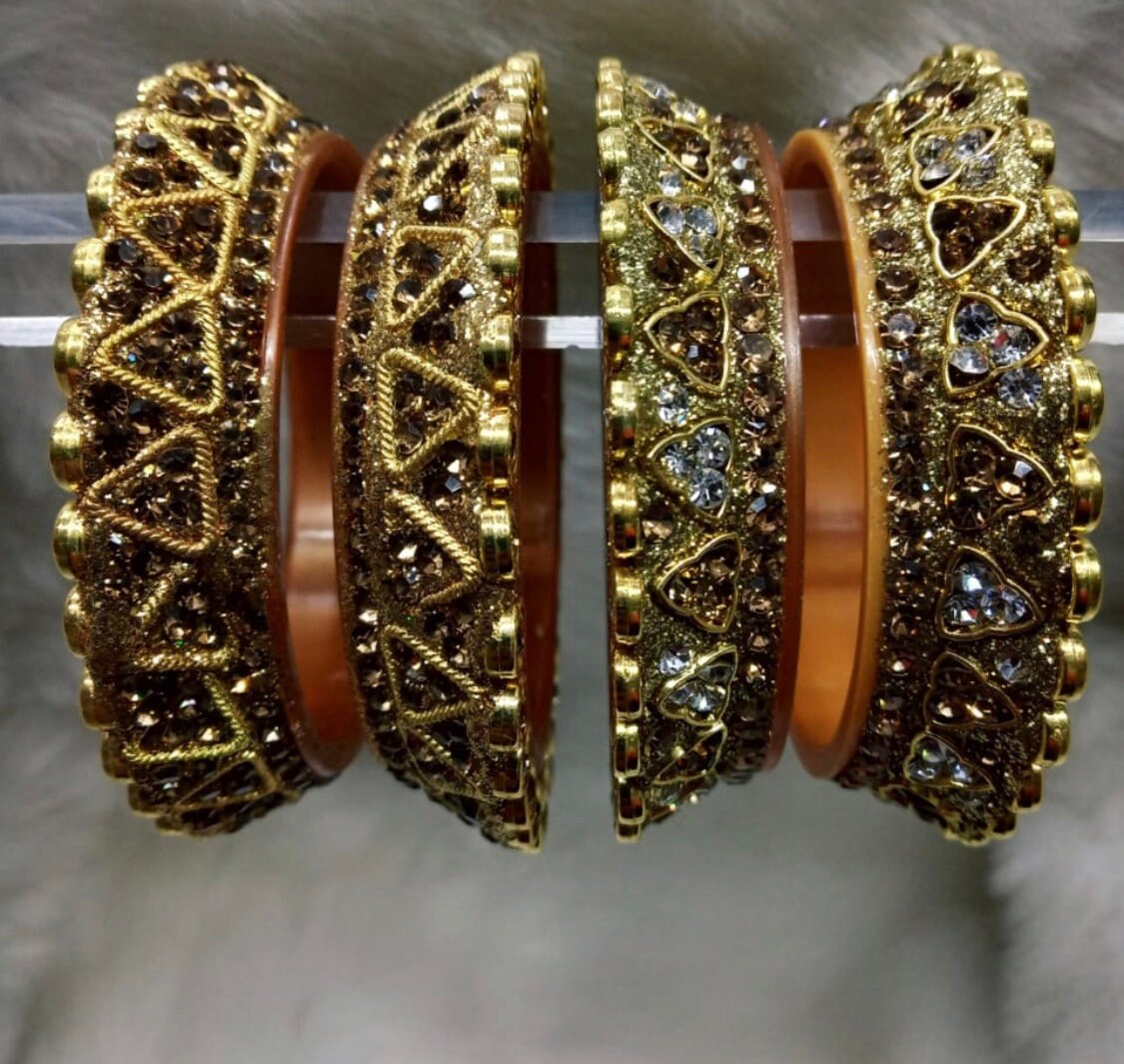 茶 karahana Indian Bangles Kara Set Pair Gold Zircon Zarkan Bridal