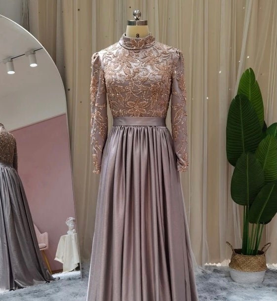 Rose Gold Silver Prom Dress Long Sleeves Dubai Evening Dresses - Etsy