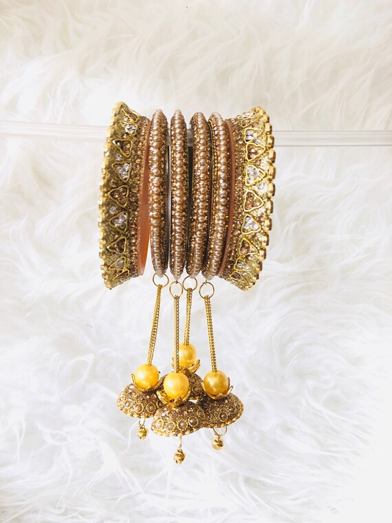 茶 karahana Indian Bangles Kara Set Pair Gold Zircon Zarkan Bridal