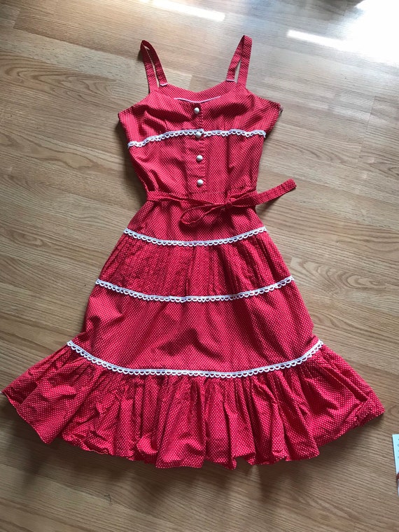 Prairie style red and white dot 70s sundress xs/s