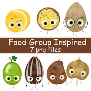 May include: A collection of seven cartoon food illustrations, including a yellow fruit, a donut, a potato with glasses, a green fruit, a seed, a brown fruit, and an onion. The text "Food Group Inspired" and "7 png files" is displayed.