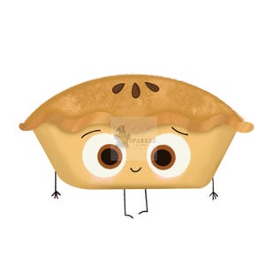 May include: A cartoon illustration of a pie with a smiling face, large brown eyes, and small legs. The pie crust is golden brown, and the filling is a light yellow color. Three small brown shapes are on top of the pie.