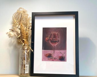 Pintura al pastel original, Bodegón de cerezas y vino, tamaños A5 y A4