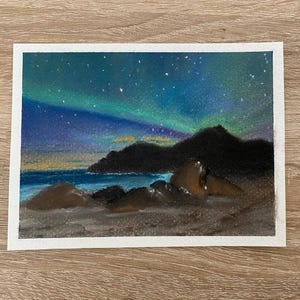 Disegno a pastello formato cartolina, dipinti invernali, pittura del cielo, pittura dell'aurora boreale, dipinti a pastello